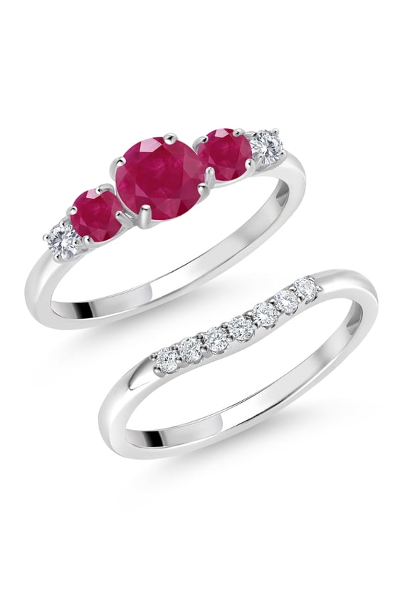 10K White Gold Red Ruby and White Lab Grown Diamond 5 Stone Bridal Engagement Wedding Ring Set for Women (0.97 Cttw, Round: 5MM and 3MM, Size 5)