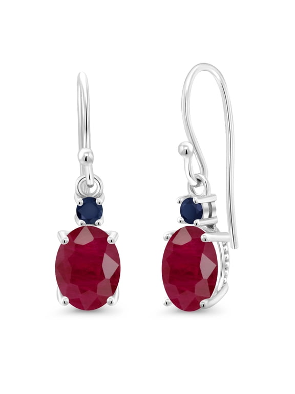 10K White Gold Red Ruby and Blue Sapphire Dangle Earrings for Women (3.40 Cttw, Gemstone Birthstone, Oval 8x6mm)