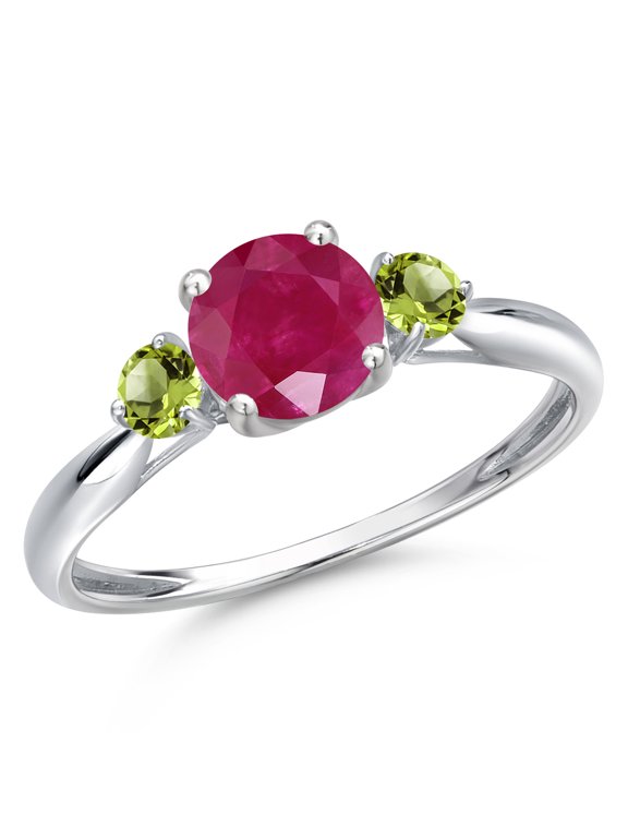 10K White Gold Red Ruby and Green Peridot 3-Stone Ring for Women | 1.24 Cttw | Round 6MM | Gemstone July Birthstone | Size 8