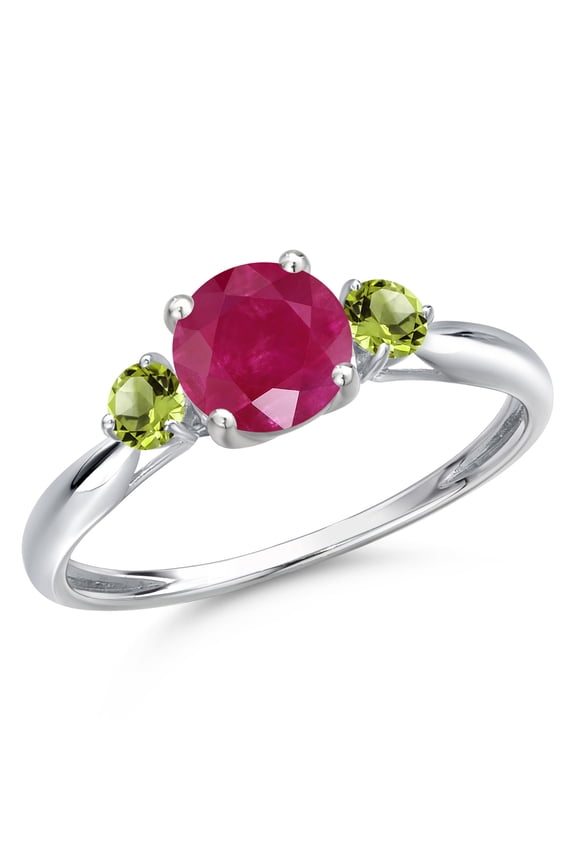 10K White Gold Red Ruby and Green Peridot 3-Stone Ring for Women | 1.24 Cttw | Round 6MM | Gemstone July Birthstone | Size 8