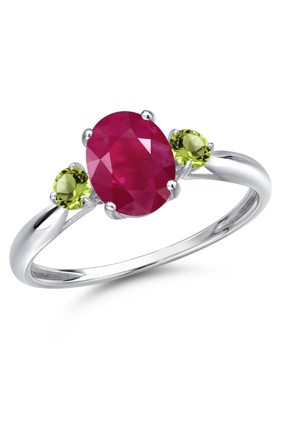 10K White Gold Red Ruby and Green Peridot 3-Stone Ring for Women | 1.84 Cttw | Oval 8X6MM | Gemstone July Birthstone | Size 6