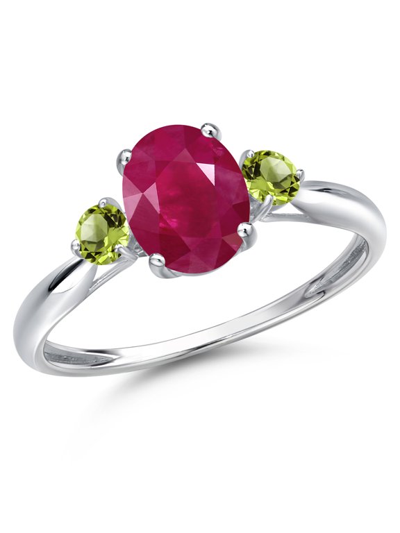10K White Gold Red Ruby and Green Peridot 3-Stone Ring for Women | 1.84 Cttw | Oval 8X6MM | Gemstone July Birthstone | Size 8