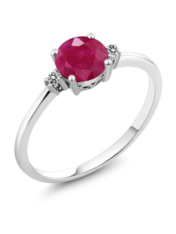 10K White Gold Red Ruby and White Diamond Solitaire Engagement Ring for Women (1.03 Cttw, Round 6MM, Gemstone July Birthstone, Size 7)
