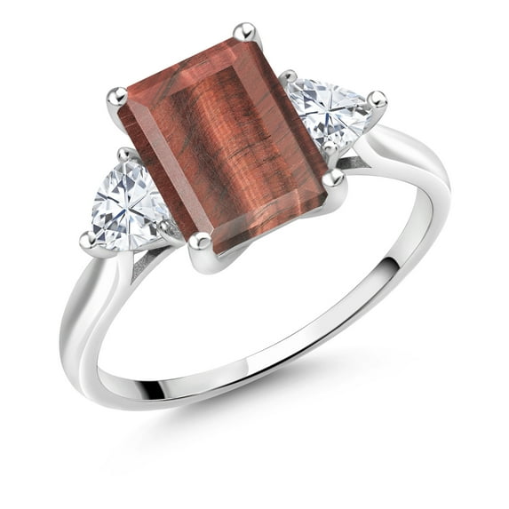 Gem Stone King 10K White Gold Red Tiger Eye and White Moissanite 3 Stone Engagement Ring for Women (2.46 Cttw, Emerald Cut 9X7MM, Gemstone Birthstone, Size 6.5)