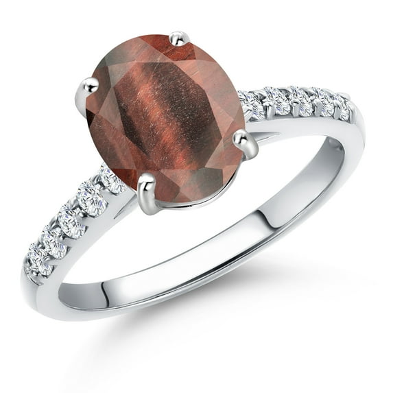 Gem Stone King 10K White Gold Red Tiger Eye and Lab Grown Diamond Engagement Ring for Women | 1.70 Cttw | Oval 9X7MM | Gemstone Birthstone | Size 7