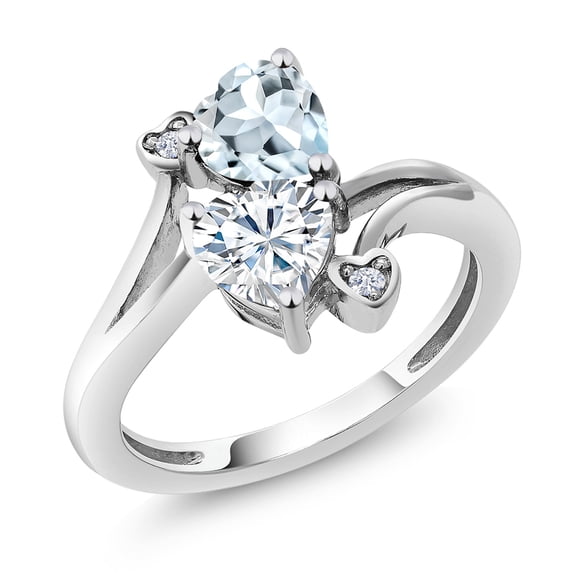 Gem Stone King 10K White Gold Ring Heart Shape Sky Blue Aquamarine and Moissanite (1.56 Cttw, Size 9)