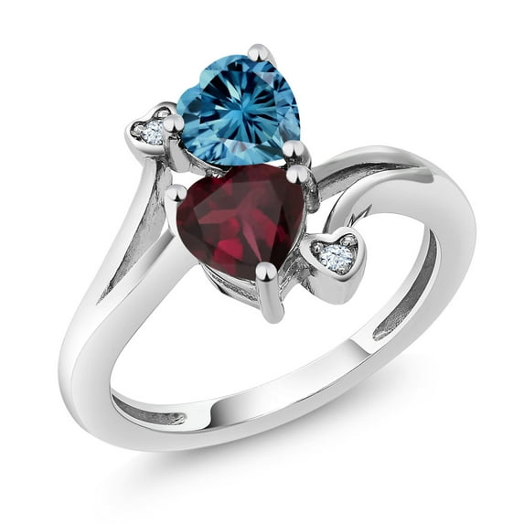 Gem Stone King 10K White Gold Fashion Right-Hand Ring Heart Shape Persian Blue Moissanite and Rhodolite Garnet Red (1.55 Cttw, Size 9)