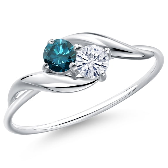 Gem Stone King 10K White Gold Round Blue Diamond and White Moissanite Ring for Women (0.31 Cttw, Round 3.5MM, Gemstone April Birthstone, Size 6)