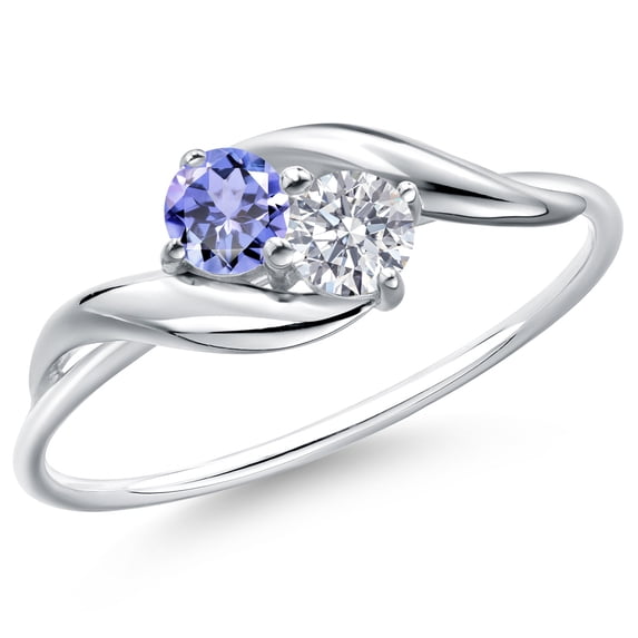 Gem Stone King 10K White Gold Round Blue Tanzanite and White Lab Grown Diamond Ring for Women (0.35 Cttw, Round 3.5MM, Gemstone December Birthstone, Size 5)
