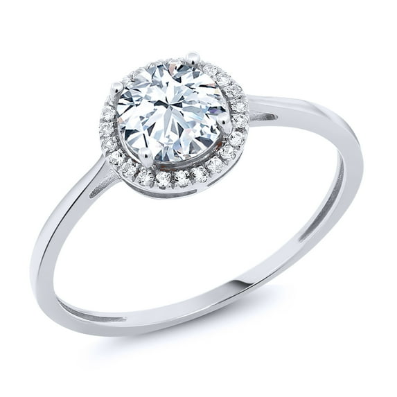 Gem Stone King 10K White Gold Round Hearts and Arrows Created Sapphire and Diamond Engagement Ring for Women (1.42 Cttw)