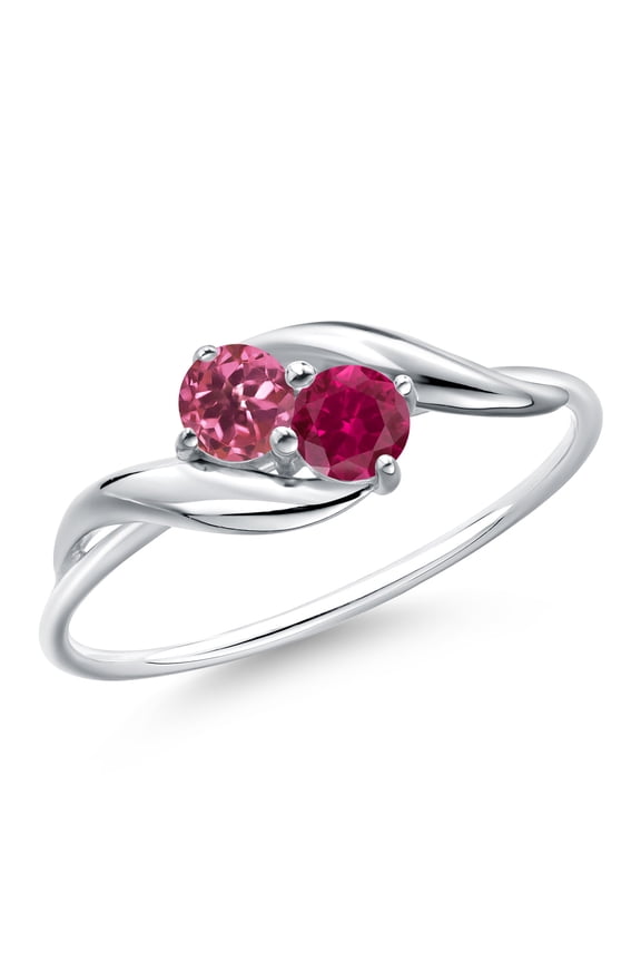 10K White Gold Round Pink Tourmaline and Red Created Ruby Ring for Women (0.40 Cttw, Round 3.5MM, Gemstone October Birthstone, Size 9)