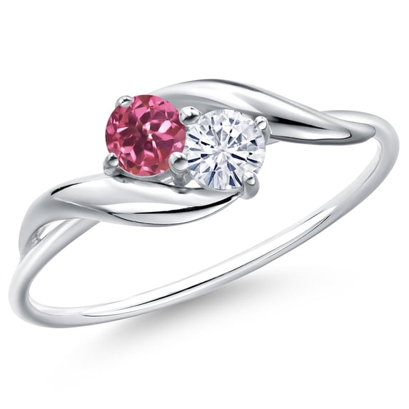 Gem Stone King 10K White Gold Round Pink Tourmaline and White Moissanite Ring for Women (0.31 Cttw, Round 3.5MM, Gemstone October Birthstone, Size 9)