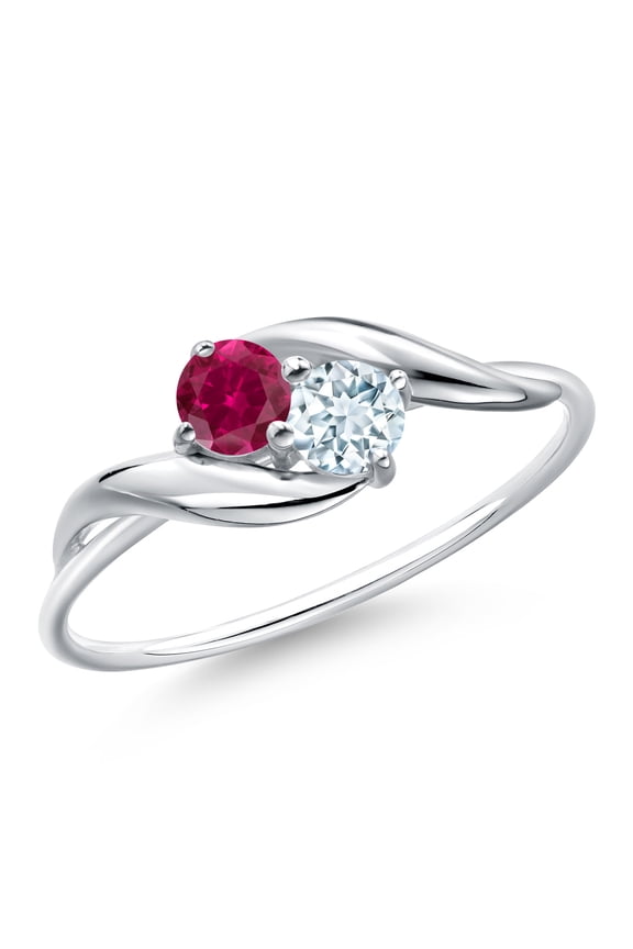10K White Gold Round Red Created Ruby and Sky Blue Aquamarine Ring for Women (0.42 Cttw, Round 3.5MM, Gemstone July Birthstone, Size 5)