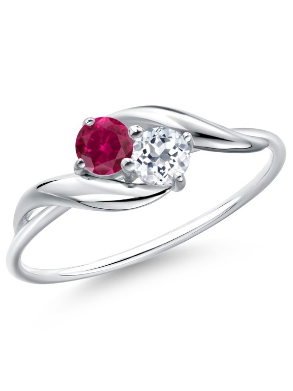 10K White Gold Round Red Created Ruby and White Topaz Ring for Women (0.47 Cttw, Round 3.5MM, Gemstone July Birthstone, Size 5)