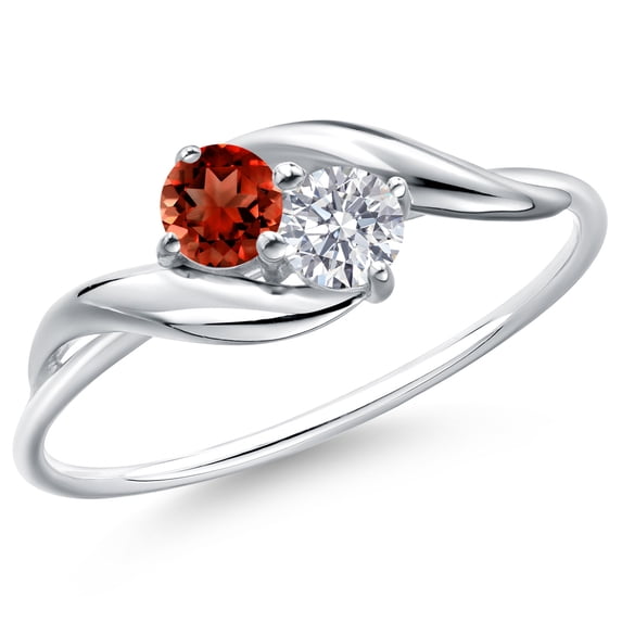 Gem Stone King 10K White Gold Round Red Garnet and White Lab Grown Diamond Ring for Women (0.37 Cttw, Round 3.5MM, Gemstone January Birthstone, Size 5)