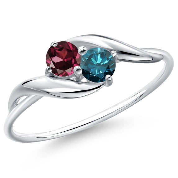 Gem Stone King 10K White Gold Round Red Rhodolite Garnet and Blue Diamond Ring for Women (0.37 Cttw, Round 3.5MM, Gemstone January Birthstone, Size 8)