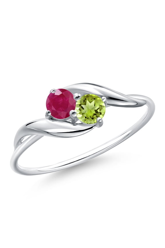 10K White Gold Round Red Ruby and Green Peridot Ring for Women | 0.46 Cttw | Round 3.5MM | Gemstone Birthstone | Wedding Engagement Anniversary Promise Ring for Women| Size 5