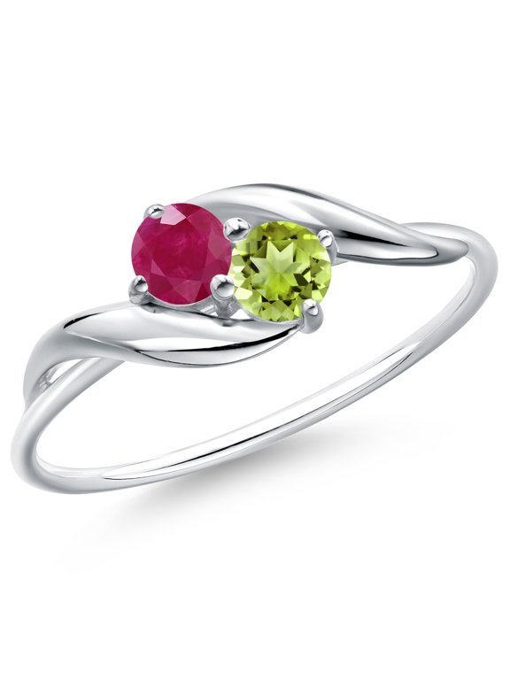 10K White Gold Round Red Ruby and Green Peridot Ring for Women | 0.46 Cttw | Round 3.5MM | Gemstone Birthstone | Wedding Engagement Anniversary Promise Ring for Women| Size 6