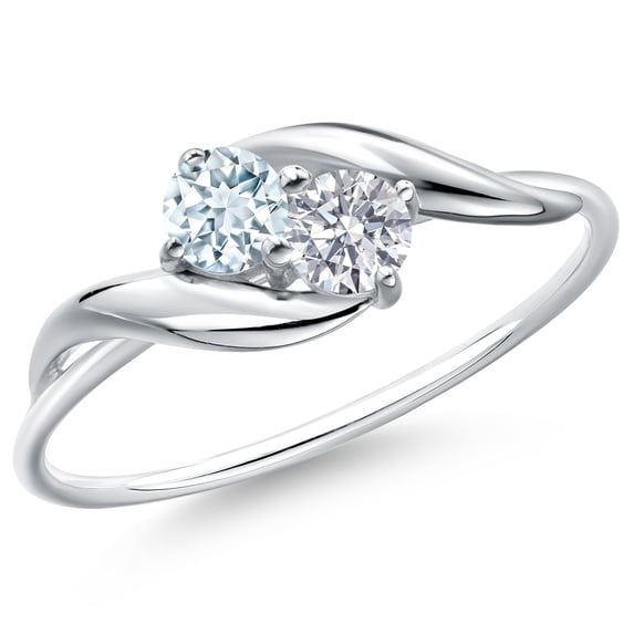 Gem Stone King 10K White Gold Round Sky Blue Aquamarine and White Lab Grown Diamond Ring for Women (0.34 Cttw, Round 3.5MM, Gemstone March Birthstone, Size 7)