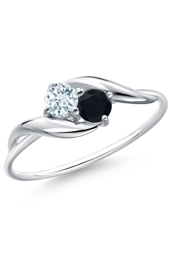 10K White Gold Round Sky Blue Aquamarine and Black Onyx Ring for Women (0.30 Cttw, Round 3.5MM, Gemstone March Birthstone, Size 9)