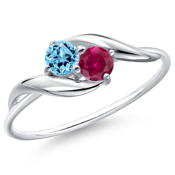 Gem Stone King 10K White Gold Round Swiss Blue Topaz and Red Created Ruby Ring for Women (0.45 Cttw, Round 3.5MM, Gemstone November Birthstone, Size 5)