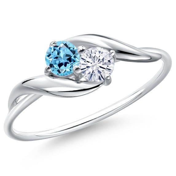 Gem Stone King 10K White Gold Round Swiss Blue Topaz and White Moissanite Ring for Women (0.36 Cttw, Round 3.5MM, Gemstone November Birthstone, Size 5)