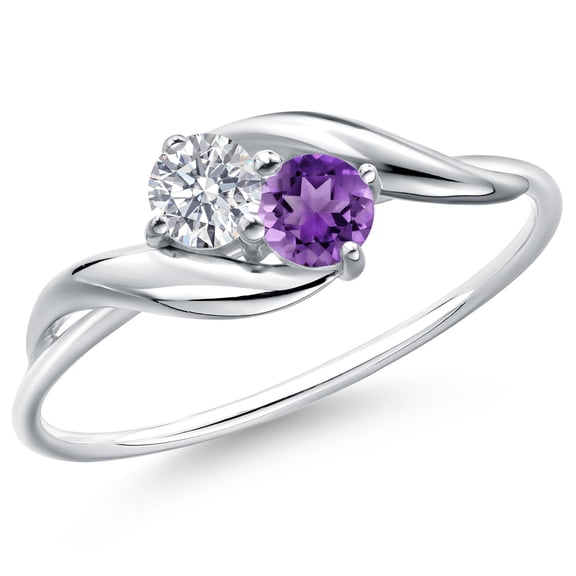 Gem Stone King 2-Stone Ring for Women | 10K White Gold | Round White Lab Grown Diamond and Purple Amethyst | 0.33 Cttw | Round 3.5MM | Wedding Engagement Anniversary Ring for Women | Size 8