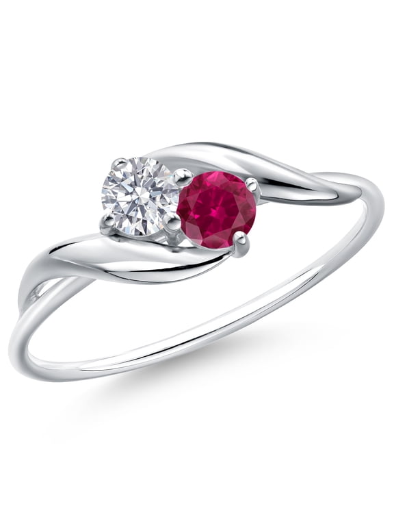 10K White Gold Lab Grown Diamond and Red Created Ruby Ring