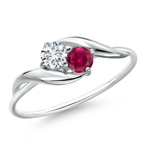 Gem Stone King 10K White Gold Round Lab Grown Diamond and Red Created Ruby Ring for Women | 0.42 Cttw | Round 3.5MM | Gemstone April Birthstone | Wedding Engagement Anniversary Promise Ring | Size 6