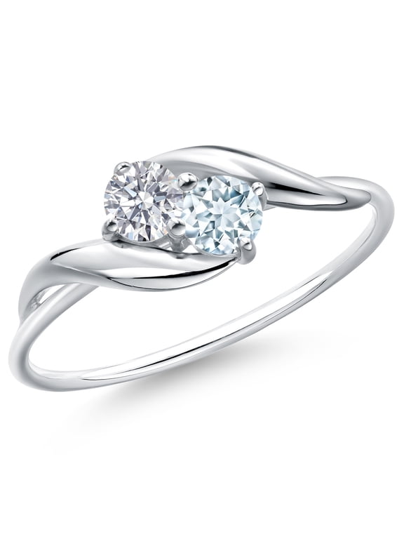 10K White Gold Round White Lab Grown Diamond and Sky Blue Aquamarine Ring for Women (0.34 Cttw, Round 3.5MM, Gemstone April Birthstone, Size 5)