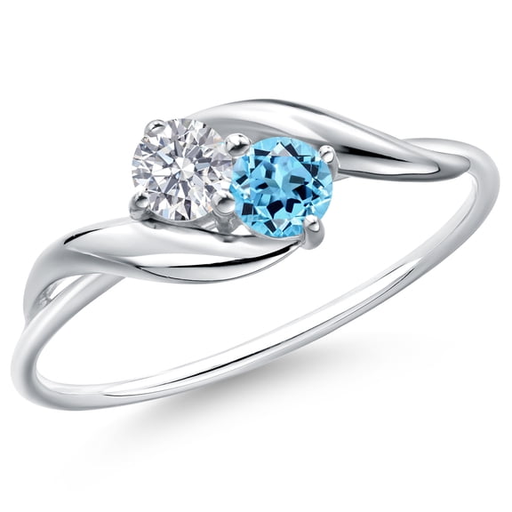 Gem Stone King 10K White Gold Round White Lab Grown Diamond and Swiss Blue Topaz Ring for Women | 0.37 Cttw | Round 3.5MM | Wedding Engagement Anniversary Promise Ring for Women | Size 5