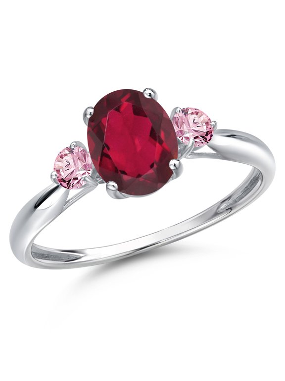 10K White Gold Ruby Red Mystic Topaz and Pink Lab Grown Diamond 3-Stone Ring for Women | 1.56 Cttw | Oval 8X6MM | Gemstone November Birthstone | Size 6