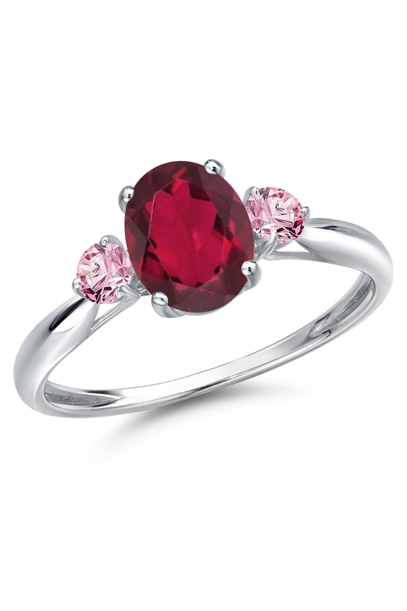10K White Gold Ruby Red Mystic Topaz and Pink Lab Grown Diamond 3-Stone Ring for Women | 1.56 Cttw | Oval 8X6MM | Gemstone November Birthstone | Size 8