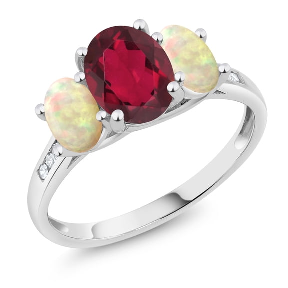 Gem Stone King 10K White Gold Ruby Red Mystic Topaz and White Ethiopian Opal and White Diamond Engagement Ring for Women | 1.94 Cttw | Oval 8X6MM | Gemstone November Birthstone | Size 5