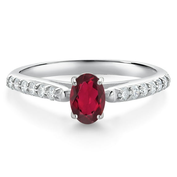 Gem Stone King 10K White Gold Ruby Red Mystic Topaz and White Lab Grown Diamond Engagement Ring for Women (0.68 Cttw, Oval 6X4MM, Gemstone Birthstone, Size 5)