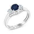 thumbnail image 1 of Gem Stone King 10K White Gold Sapphire & White Created Sapphire and Lab Grown Diamond 3-Stone Bridal Engagement Wedding Ring Set for Women | 0.93 Cttw | September Birthstone | Round 5MM | Size 5, 1 of 6