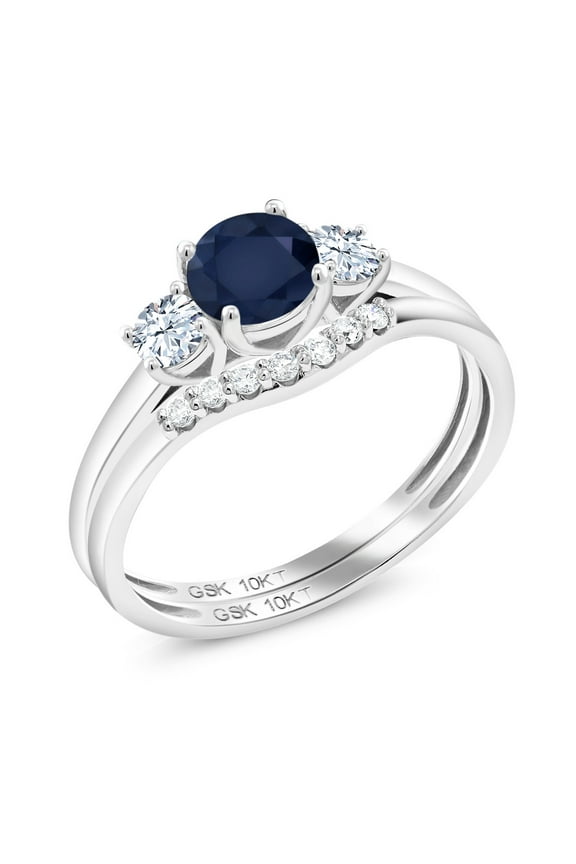 10K White Gold Sapphire & White Created Sapphire and Lab Grown Diamond 3-Stone Bridal Engagement Wedding Ring Set for Women | 0.93 Cttw | September Birthstone | Round 5MM | Size 7