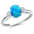 thumbnail image 1 of Gem Stone King 10K White Gold Simulated Blue Opal and White Moissanite 3-Stone Ring for Women | 1.26 Cttw | Oval Cabochon 8X6MM | Gemstone October Birthstone | Size 8, 1 of 6