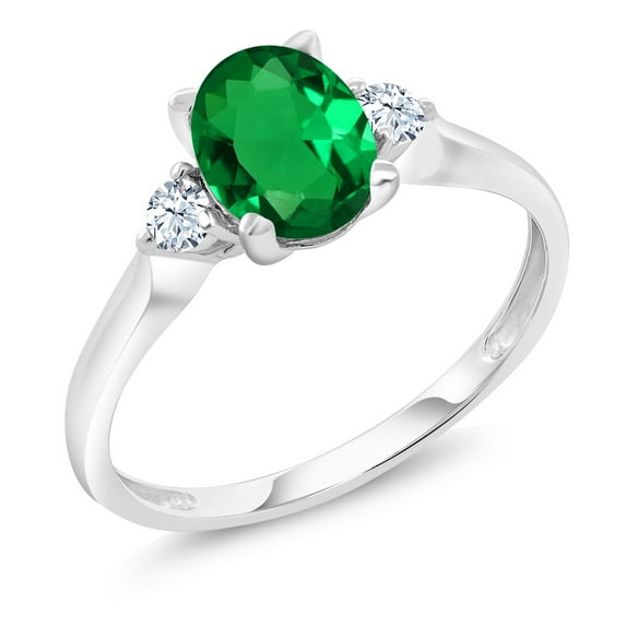 Gem Stone King 10K White Gold Simulated Emerald and White Created Sapphire 3-Stone Engagement Ring for Women (1.10 Cttw, Available 5,6,7,8,9)
