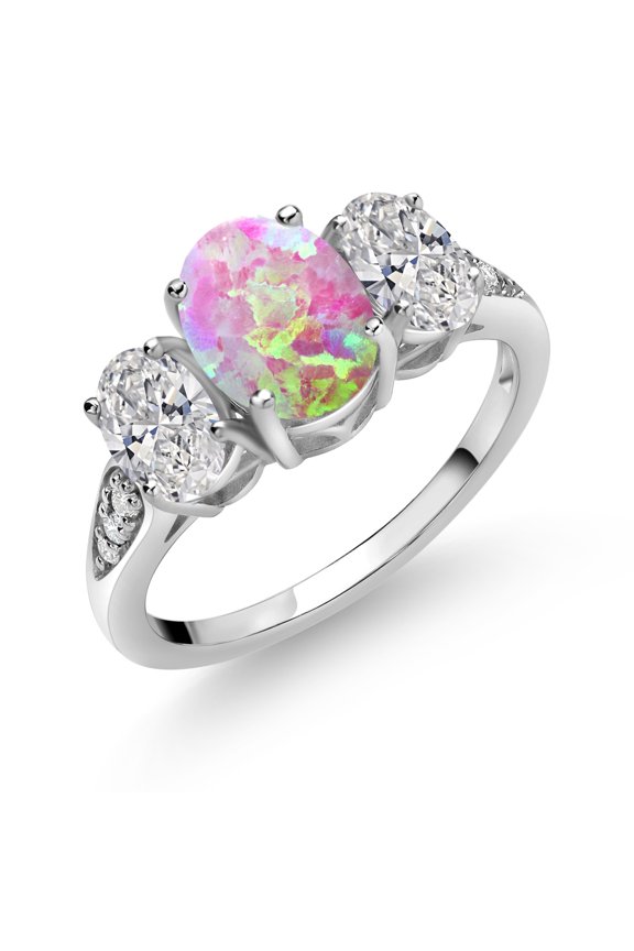 10K White Gold Simulated Pink Opal, White Lab Grown Diamond Engagement Ring for Women | 1.89 Cttw | Oval Cabochon 8X6MM | Gemstone October Birthstone | Size 6