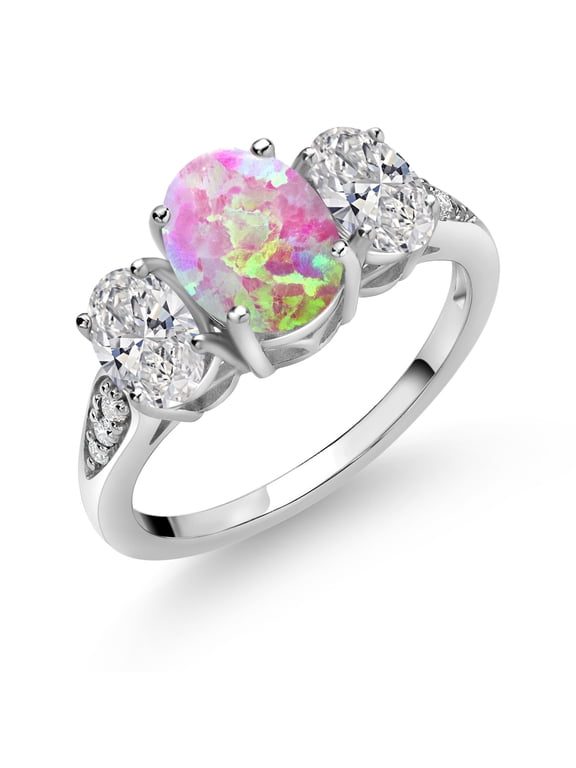 10K White Gold Pink Opal, White Lab Grown Diamond Engagement Ring for Women | 1.89 Cttw | Oval Cabochon 8X6MM | Gemstone October Birthstone | Available in Size 5,6,7,8,9