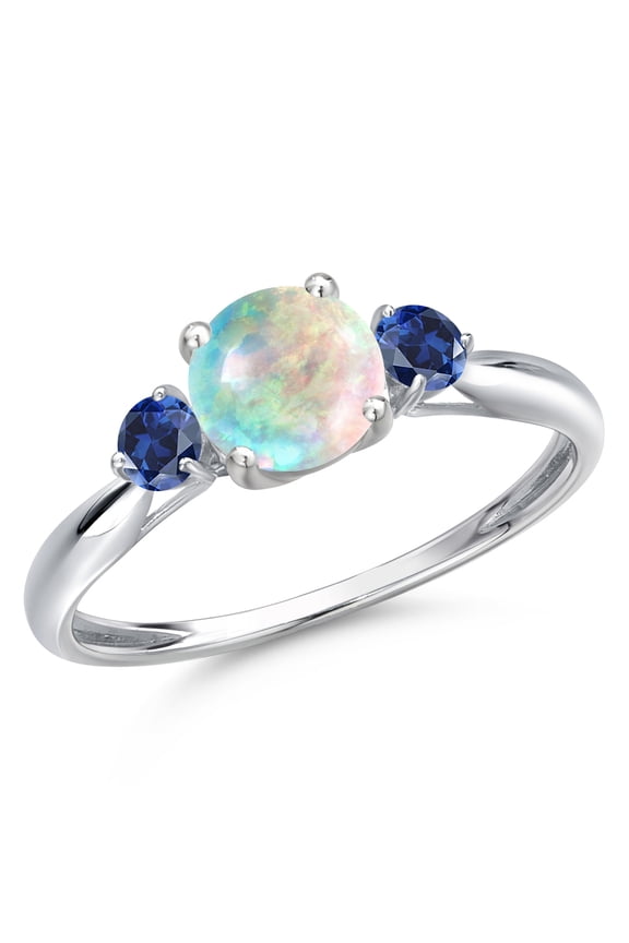 10K White Gold Simulated White Opal and Blue Created Sapphire 3-Stone Ring for Women | 0.58 Cttw | Round Cabochon 6MM | Gemstone October Birthstone | Size 6