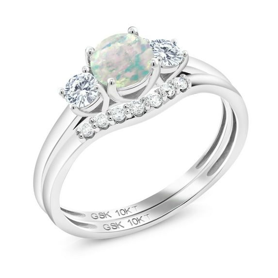Gem Stone King 10K White Gold Simulated White Opal and White Lab Grown Diamond 3-Stone Bridal Engagement Wedding Ring Set for Women | 0.74 Cttw | October Birthstone | Round Cabochon 5MM| Size 5
