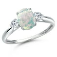 thumbnail image 1 of Gem Stone King 10K White Gold Simulated White Opal and White Topaz 3-Stone Ring for Women | 1.28 Cttw | Oval Cabochon 8X6MM | Gemstone October Birthstone | Size 8, 1 of 6