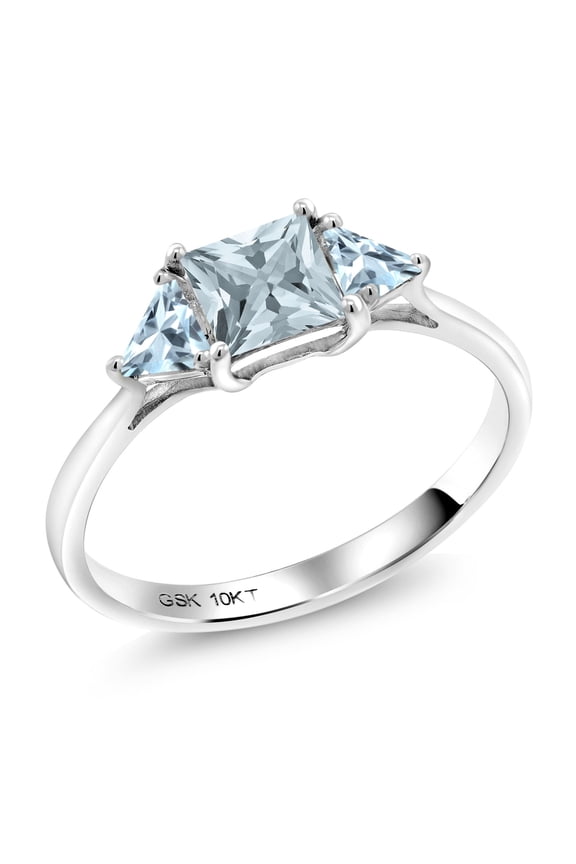 10K White Gold Sky Blue Aquamarine 3 Stone Engagement Ring for Women (0.84 Cttw, Gemstone March Birthstone, Princess Center 5MM, Trillion 3.5MM, Size 9)