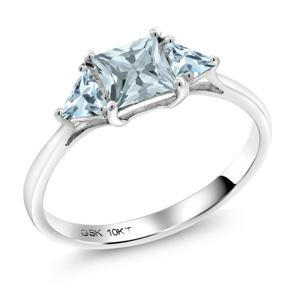 Gem Stone King 10K White Gold Sky Blue Aquamarine 3 Stone Engagement Ring for Women (0.84 Cttw, Gemstone March Birthstone, Princess Center 5MM, Trillion 3.5MM, Size 5.5)
