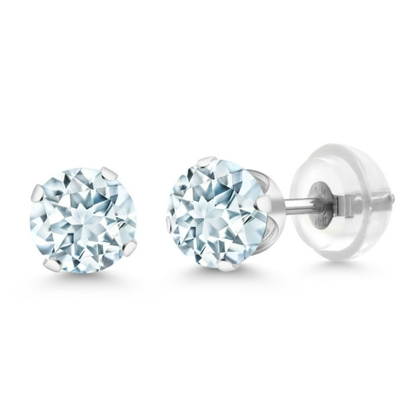 Gem Stone King 0.90 Ct Round Sky Blue Aquamarine 10K White Gold 4-prong Stud Earrings for Women Men 5mm
