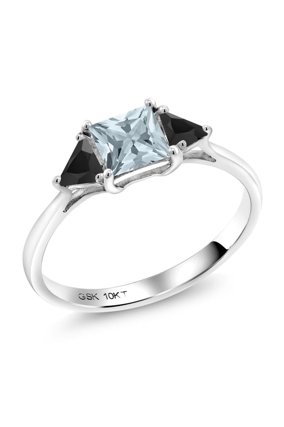 10K White Gold Sky Blue Aquamarine and Black Onyx 3 Stone Engagement Ring for Women (0.74 Cttw, Gemstone March Birthstone, Princess Center 5MM, Trillion 3.5MM, Size 6)