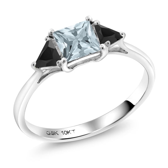 Gem Stone King 10K White Gold Sky Blue Aquamarine and Black Onyx 3 Stone Engagement Ring for Women (0.74 Cttw, Gemstone March Birthstone, Princess Center 5MM, Trillion 3.5MM, Size 9)