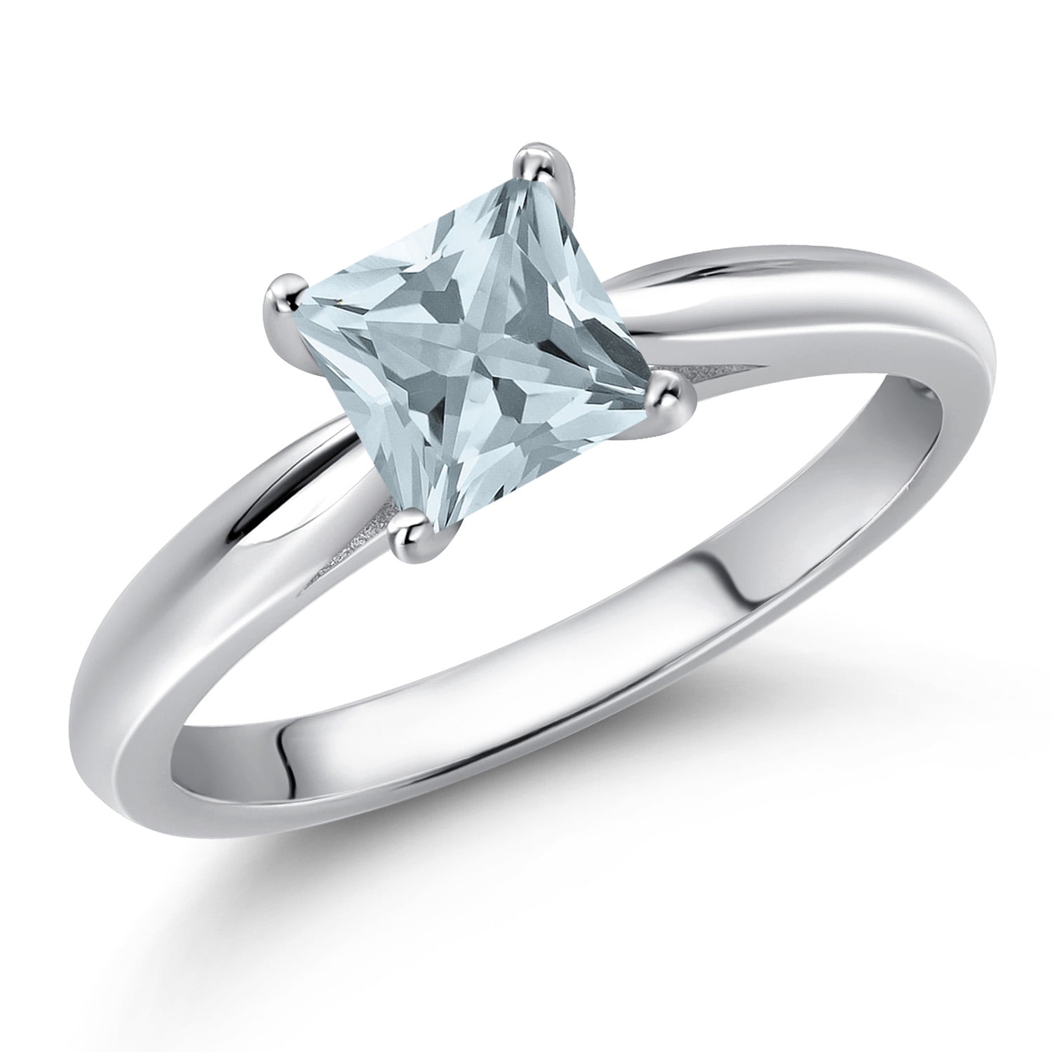 Gem Stone King 10K White Gold Sky Blue Aquamarine Engagement Ring for Women | 0.50 Cttw | Princess 5MM | Gemstone March Birthstone | Size 8